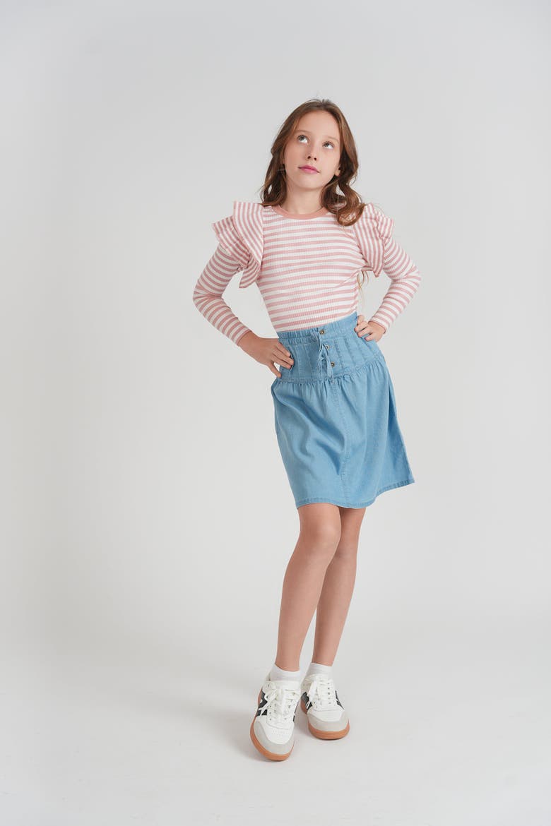 Girls' Striped Rib Long-Sleeve Tee with Shoulder Ruffles, Alternate, color, Blue