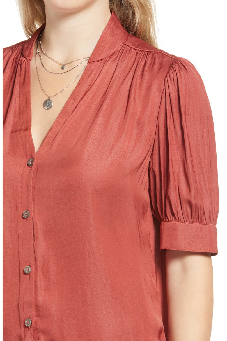 V-Neck Button-Up Blouse, Alternate, color, RUST MARSALA