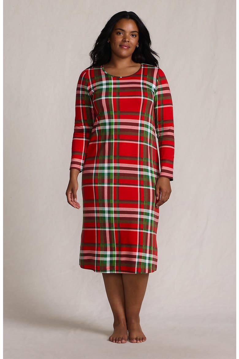 Cotton Long Sleeve Midcalf Nightgown, Alternate, color, Compass Red/Emerald Plaid