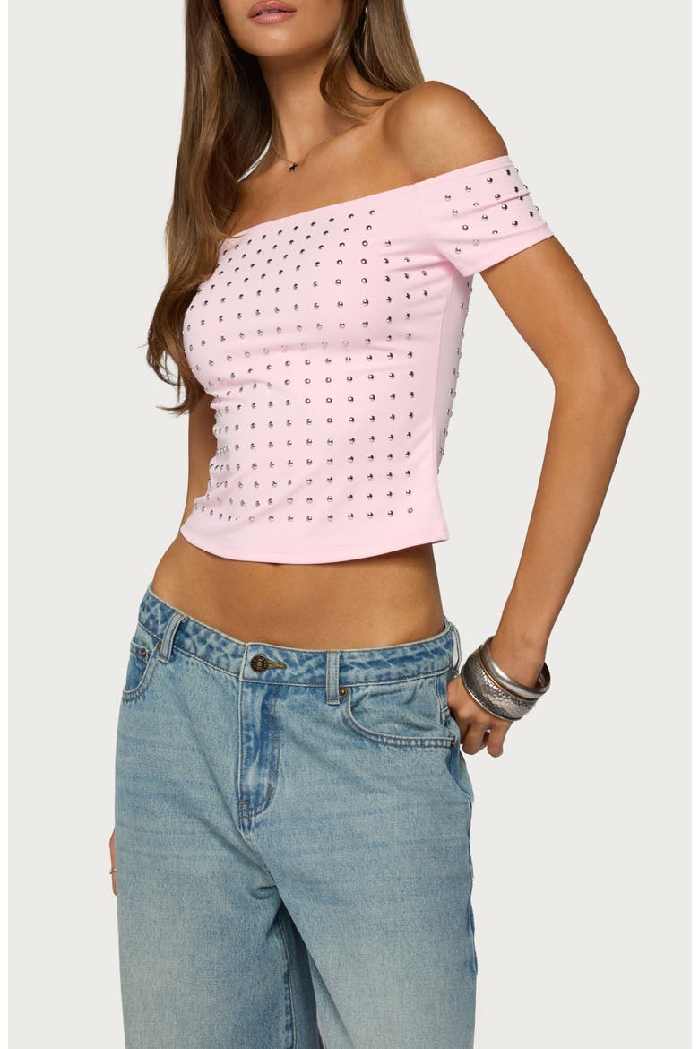 Mack Studded Off the Shoulder Top, Alternate, color, PINK