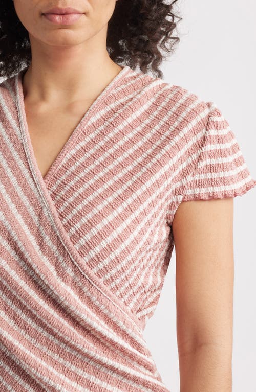 Loveappella Puckered Stripe Wrap Front Top In Blush