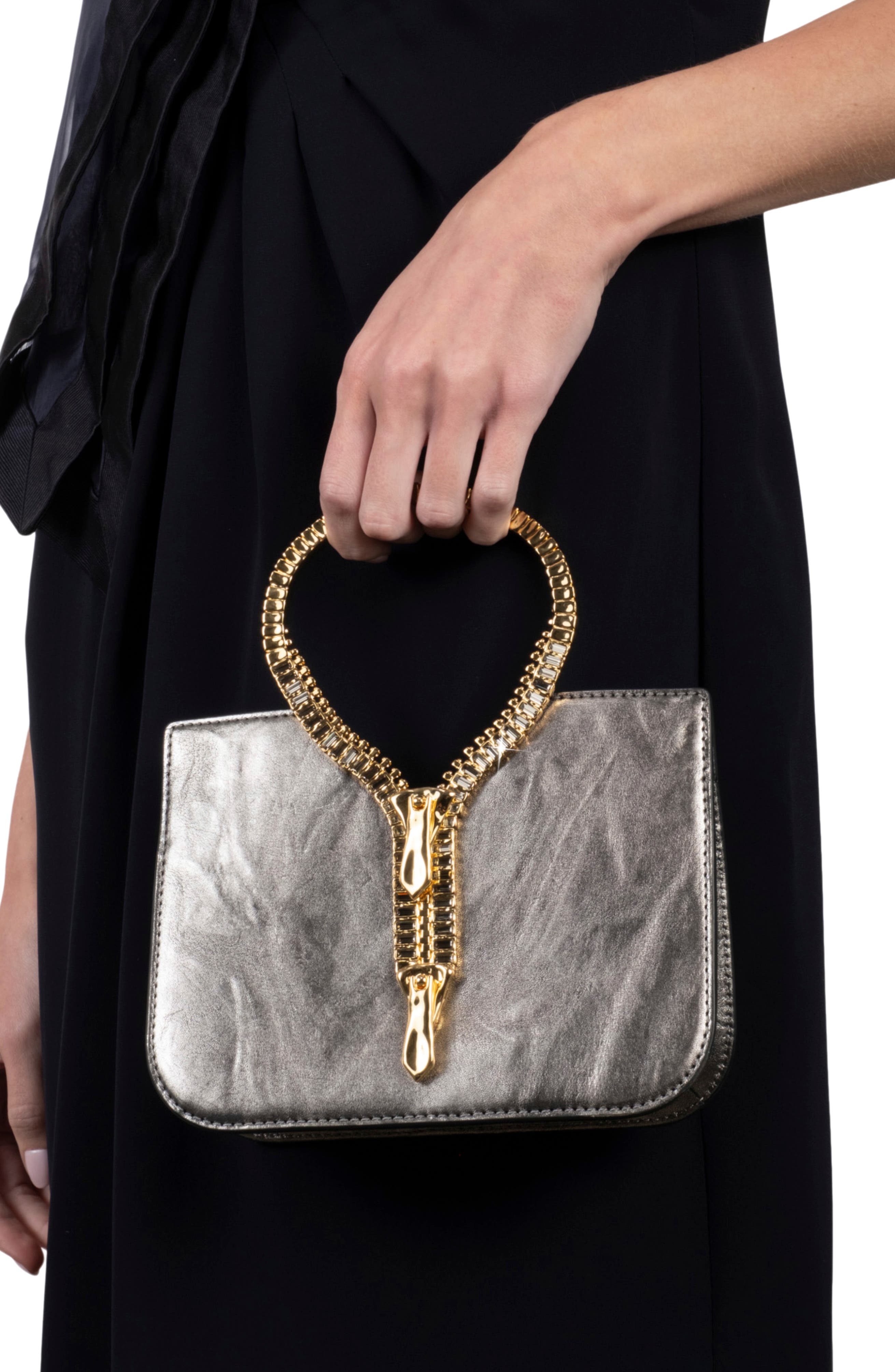 Zipper Leather Top Handle Clutch, Alternate, color, PEWTER