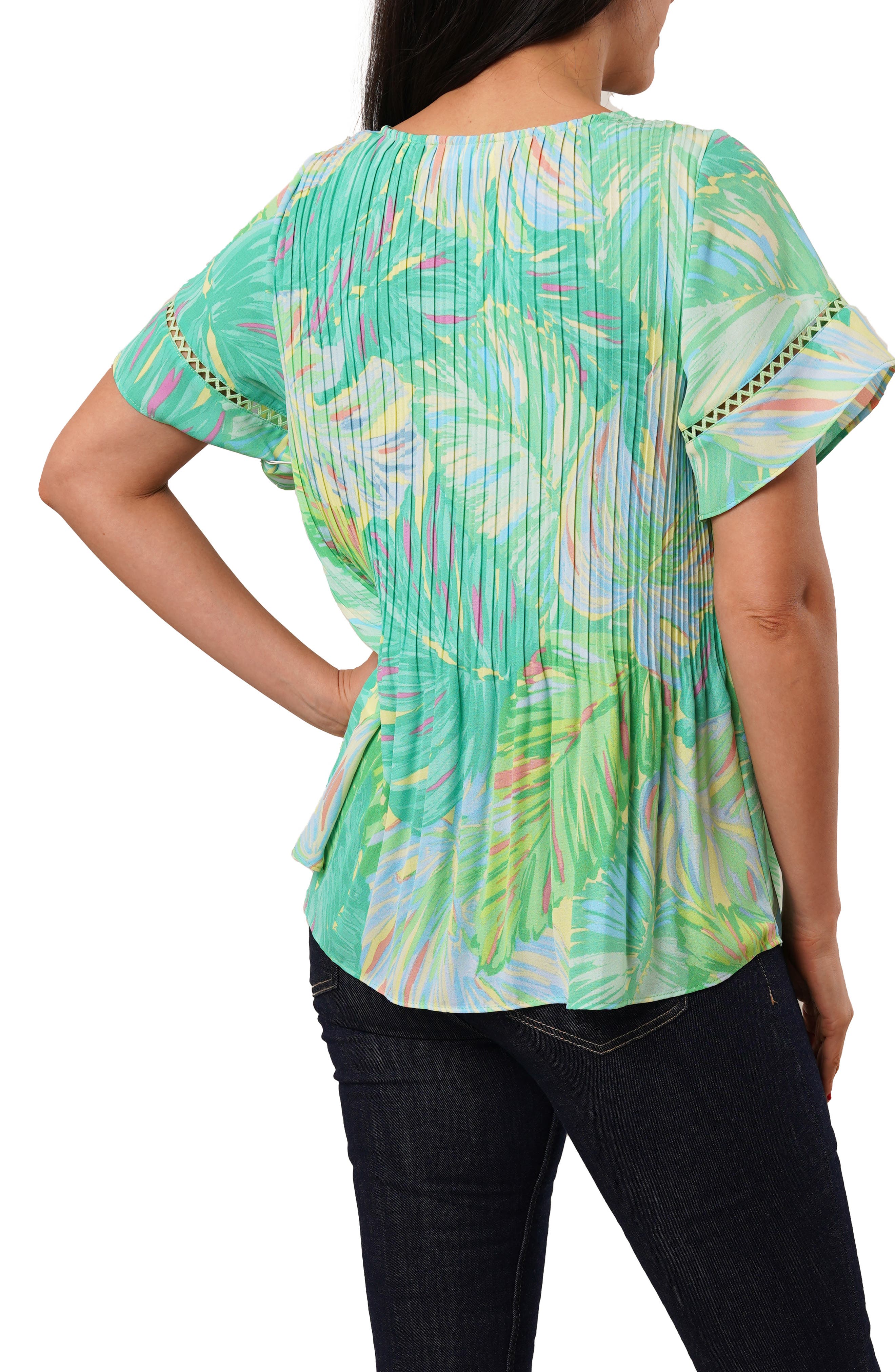 Ruffle Pleated Tie Neck Short Sleeve Top - image 2