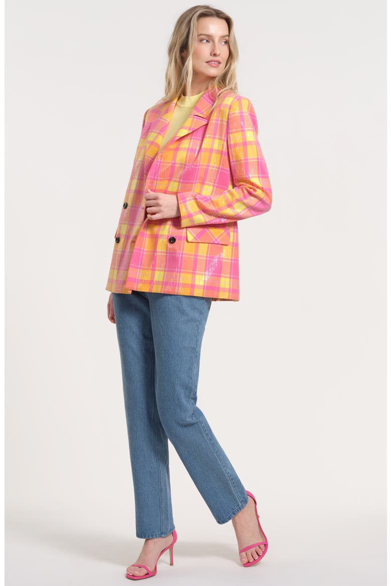 Sequin Plaid Double Breasted Blazer, Alternate, color, PINK MULTI