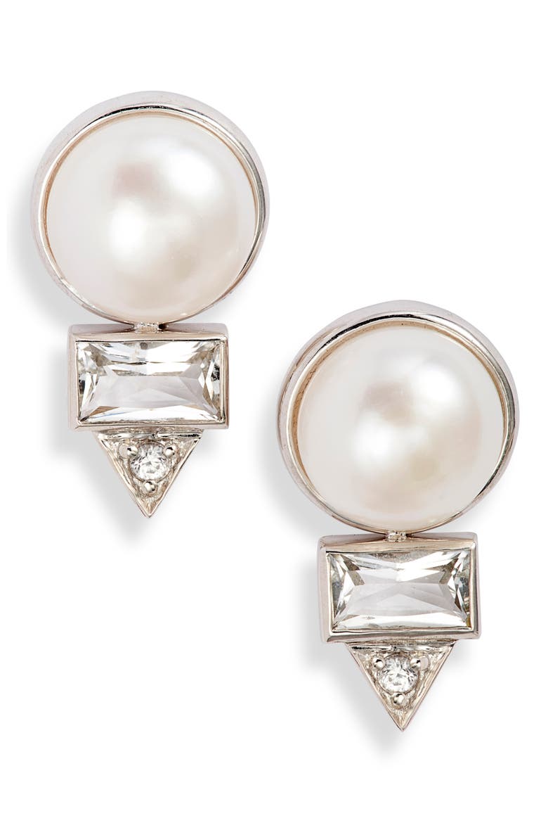 Cleo Baguette Topaz & Pearl Stud Earrings, Main, color, PEARL/ WHITE SAPPHIRE