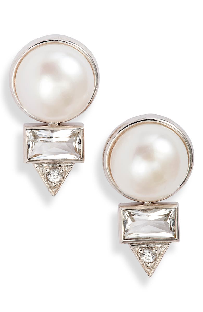 Anzie Cleo Baguette Topaz & Pearl Stud Earrings, Main, color, 