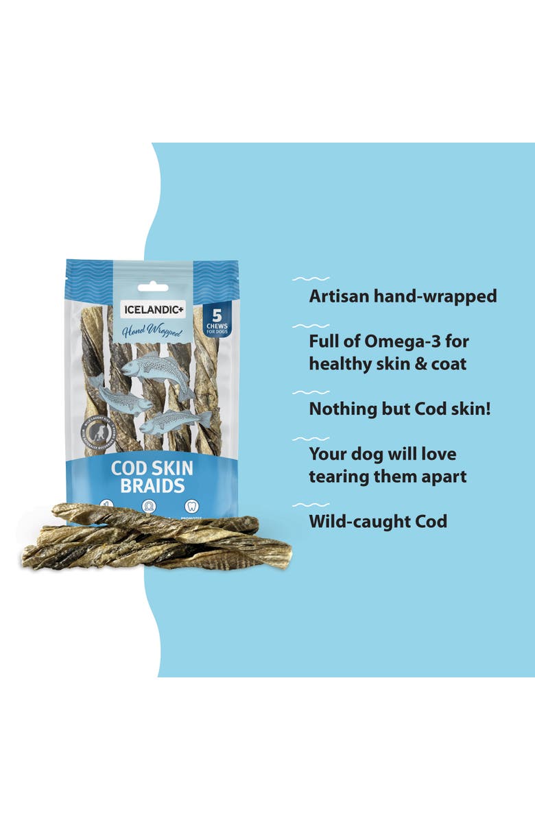 ICELANDIC+ Cod Skin Braids - 5 Pack - Dog Treat Chews, 5.5-7" Sticks Pet Snack, Alternate, color, 