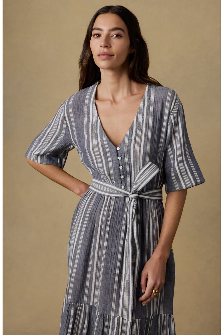 dune cotton gauze camille midi dress Faherty Dune Camille Belted Organic Cotton Gauze Dress in Blue