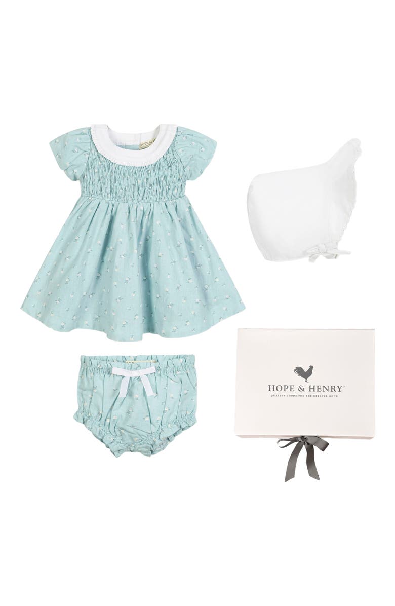 Hope & Henry Baby 3 Piece Linen Dress with Ruffle Collar and Bonnet Boxed Gift Set, Infant, Alternate, color,