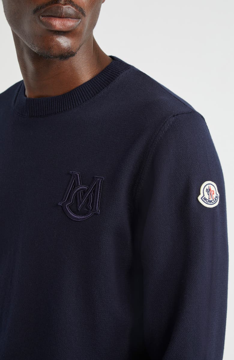 Moncler Monogram Cotton Crewneck Sweater, Alternate, color, Navy