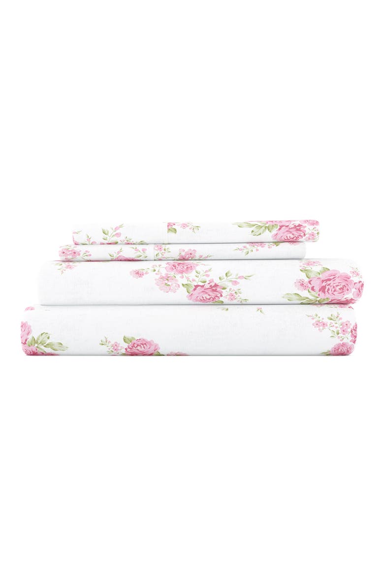 Premium Rose Bunch 4-Piece Flannel Bed Sheet Set, Main, color, PINK
