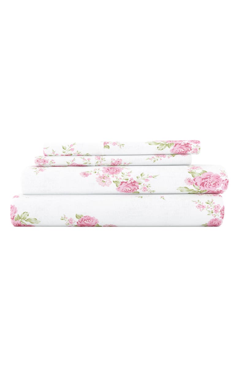 HOMESPUN Premium Rose Bunch 4-Piece Flannel Bed Sheet Set, Main, color, Pink