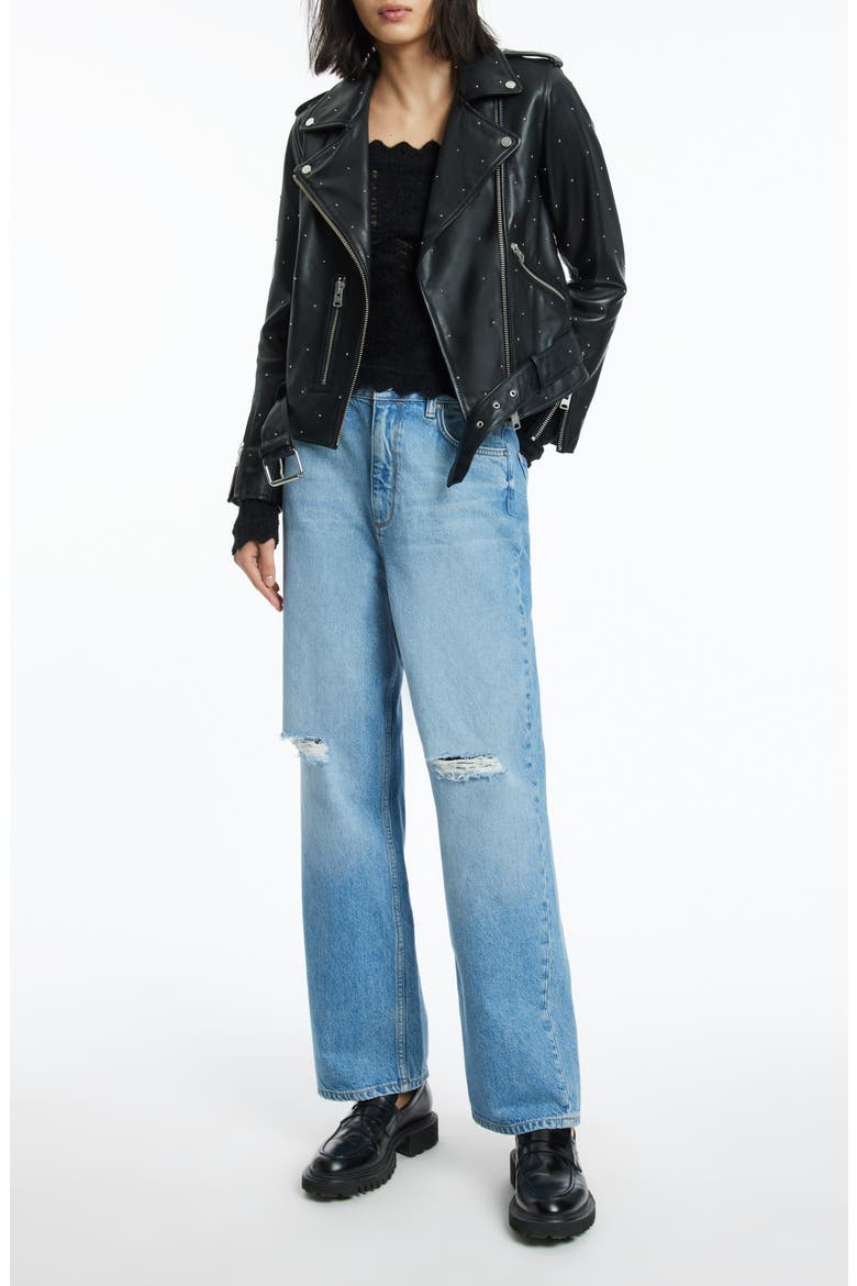 Balfern Studded Leather Biker Jacket, Alternate, color, BLACK