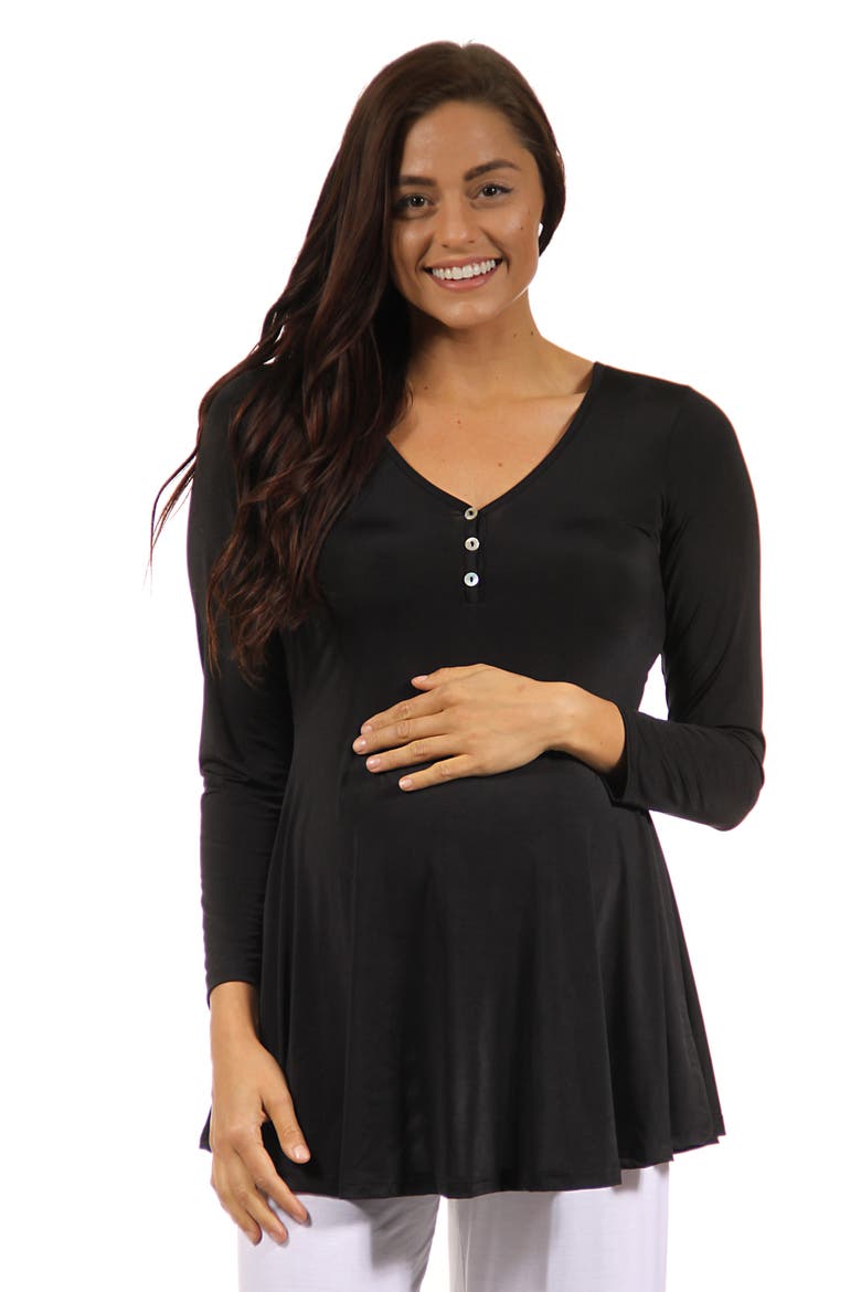 Flared Long Sleeve Henley Maternity Top, Main, color, Black