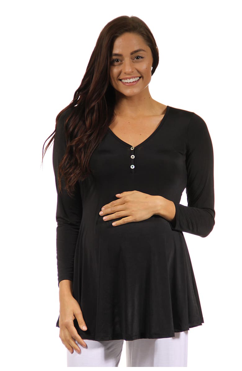 24seven Comfort Apparel Flared Long Sleeve Henley Maternity Top, Main, color, Black