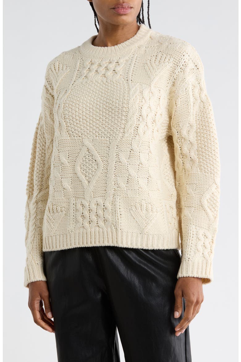 Patchwork Cable Knit Sweater, Main, color, BONE