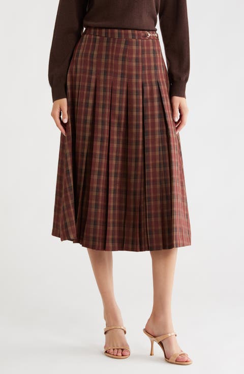 Vena Plaid Pleated Midi Skirt