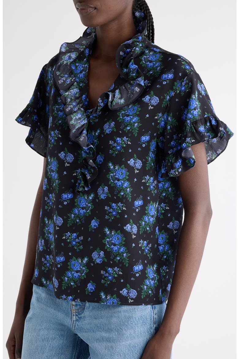 Folk Print Silk Crêpe de Chine Top, Alternate, color, BLACK - BLUE