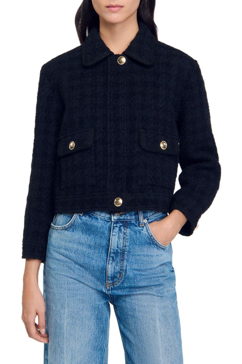 Cropped tweed jacket, Main, color, Black