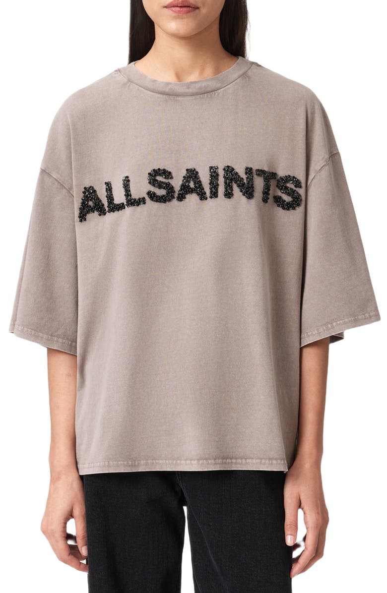 AllSaints Amelie Oversize Embellished Logo Cotton T-Shirt, Main, color, Stone Grey