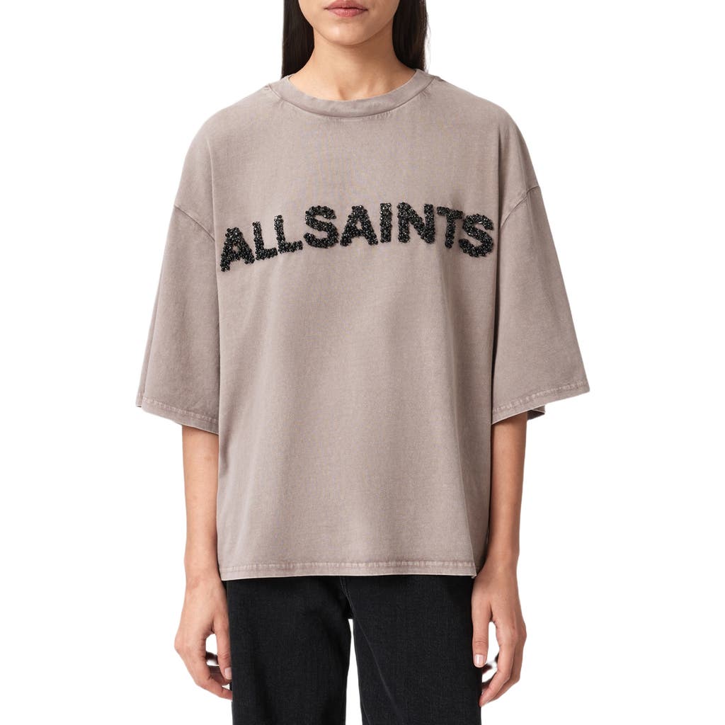 Allsaints Amelie Oversize Embellished Logo Cotton T-shirt In Gray