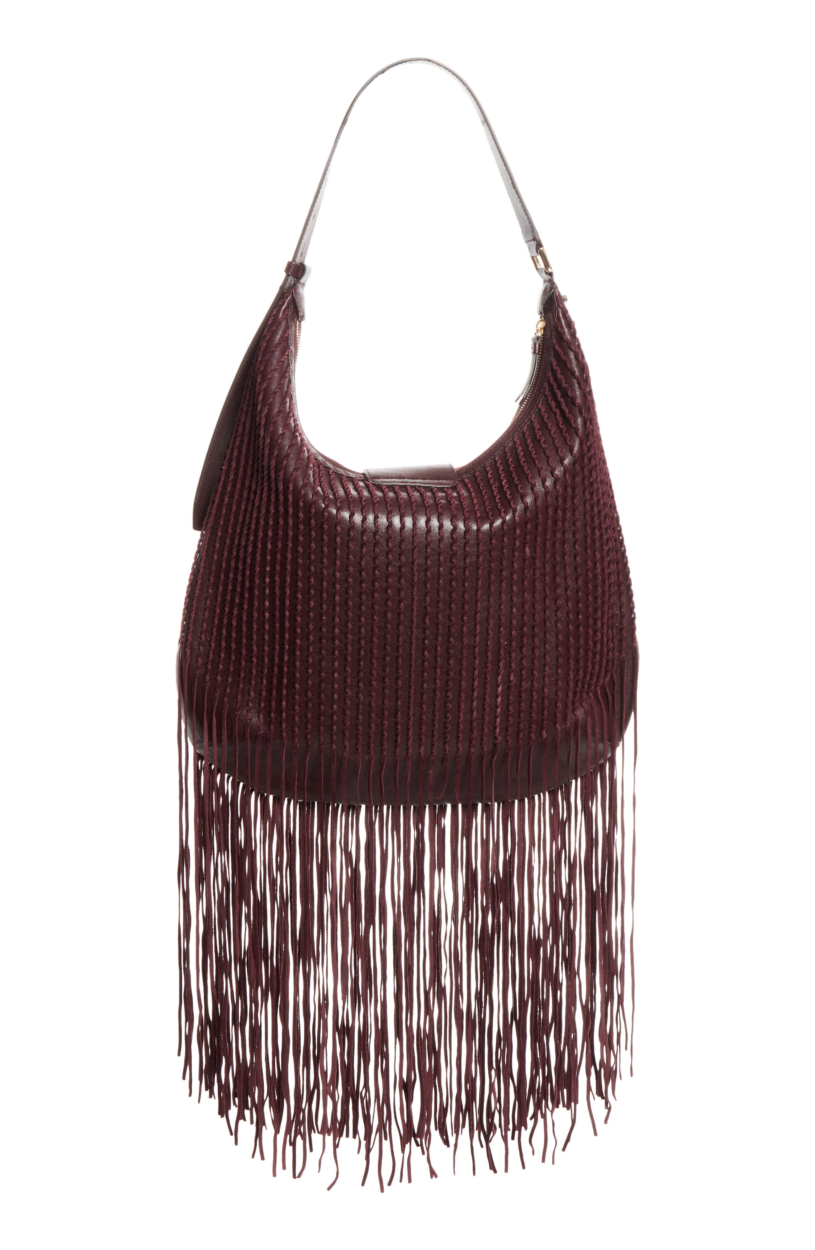 Bar Medium Leather Fringe Hobo, Alternate, color, DEEP MERLOT/ SHINY GOLD