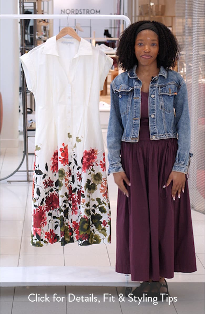Floral Placement Pleated Stretch Cotton Midi Shirtdress, sales video thumbnail