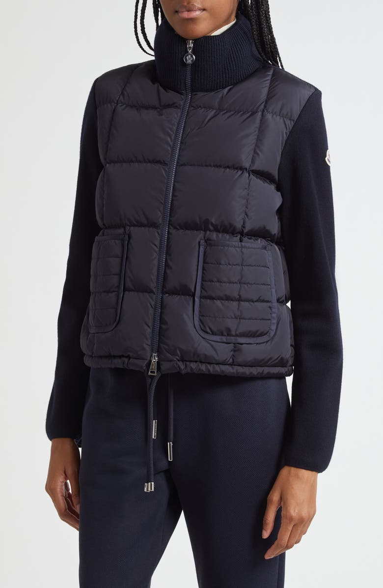 Moncler Virgin Wool Knit & Down Cardigan, Alternate, color, Navy