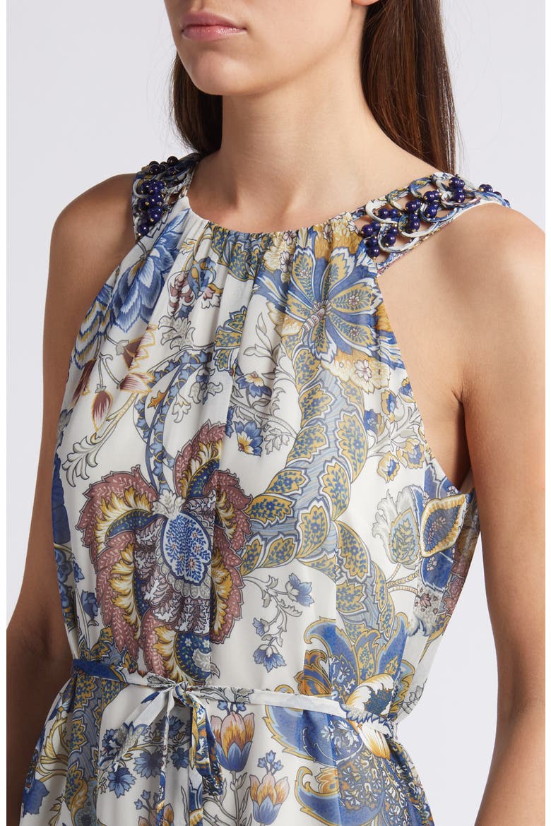 Allison Floral Beaded Belted High-Low Sleeveless Dress, Alternate, color, BLUE/ IVORY MULTI