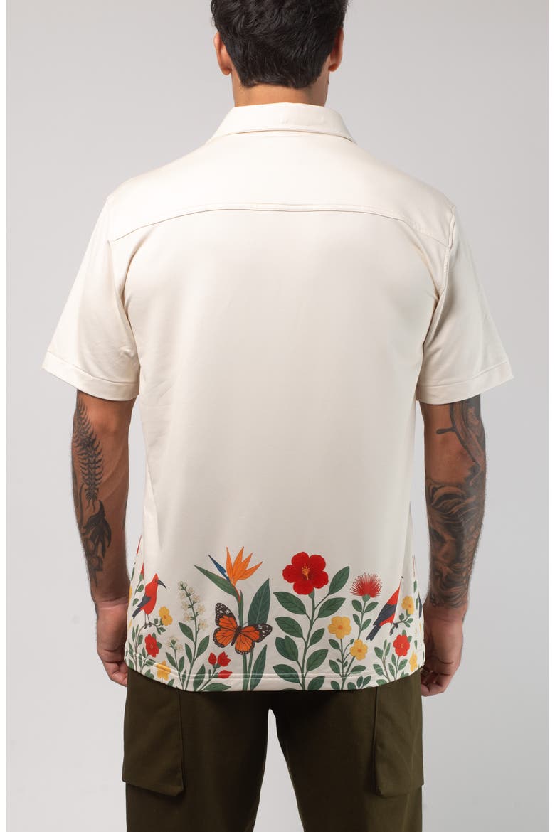 Aqua Terra Floral Fauna Tech Short Sleeve Performance Button-Up Shirt, Alternate, color, SAND MULTI