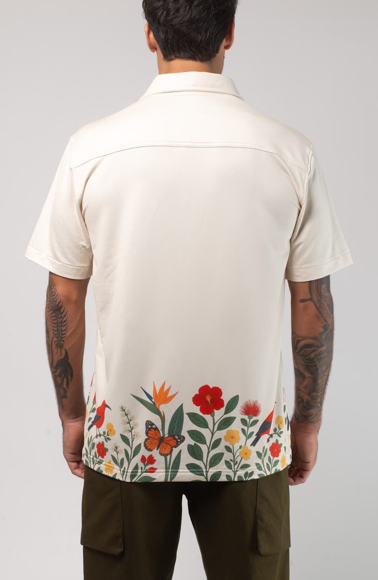 VAST Aqua Terra Floral Fauna Tech Short Sleeve Performance Button-Up Shirt, Alternate, color, Sand Multi