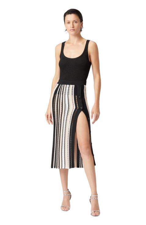 Striped Crochet Midi Skirt With Side Buttoning