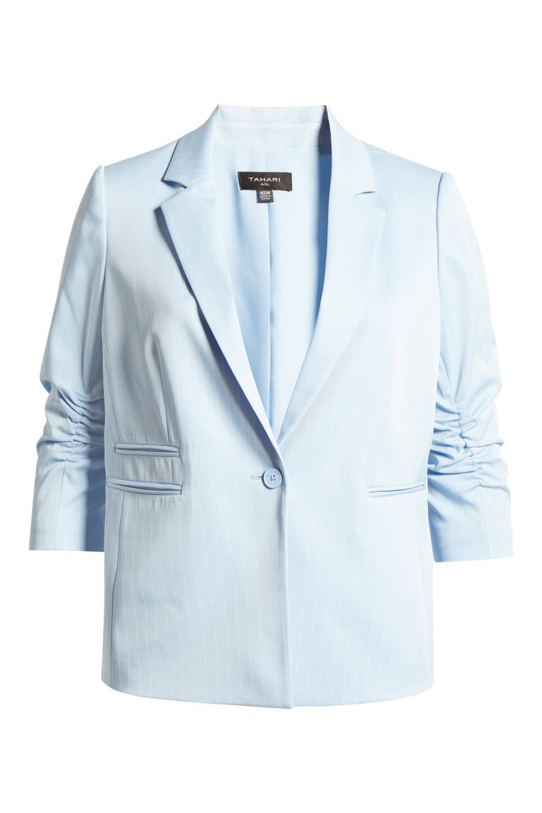 Pinstripe Ruched Sleeve Blazer, Alternate, color, ICE BLUE