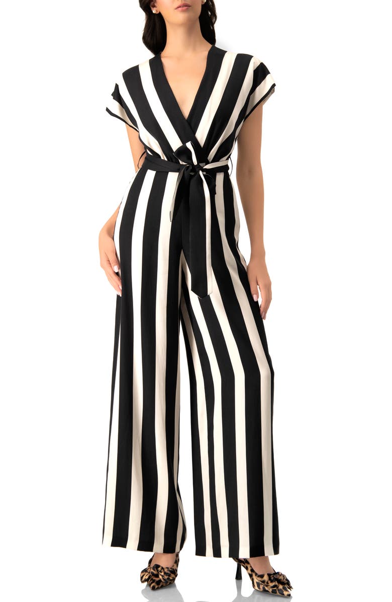 IVONNE Striped V-Neck Jumpsuit with Waist Tie, Main, color, Black