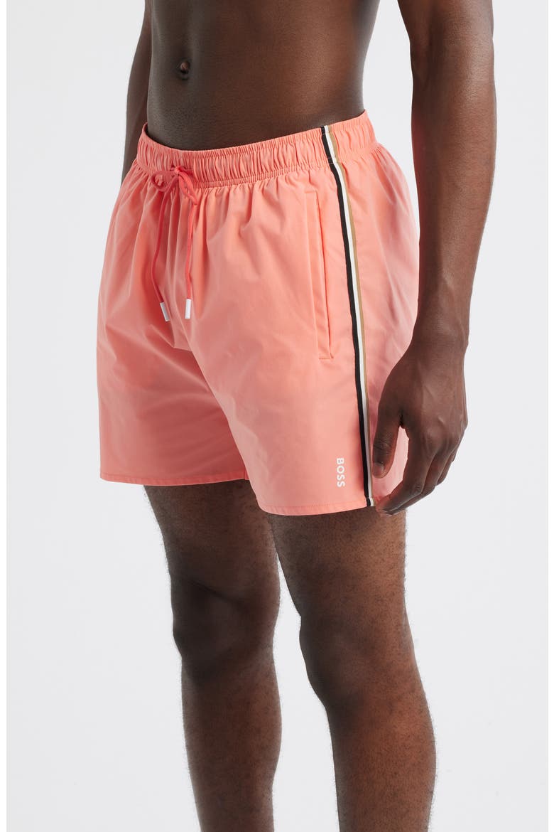 Iconic Side Stripe Swim Trunks, Alternate, color, CORAL PINK
