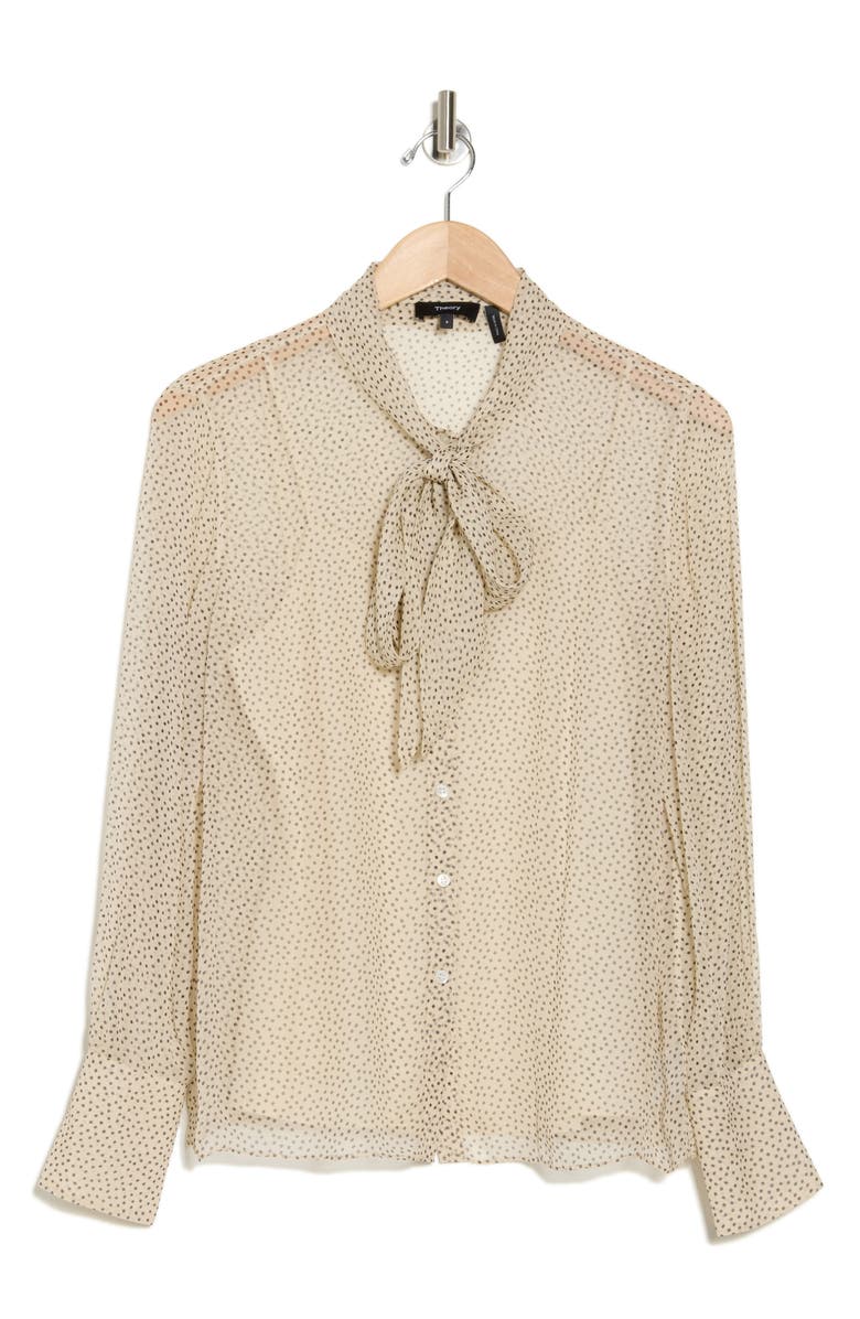 Theory Tie Neck Silk Button-Up Shirt, Alternate, color, Oatmeal Multi