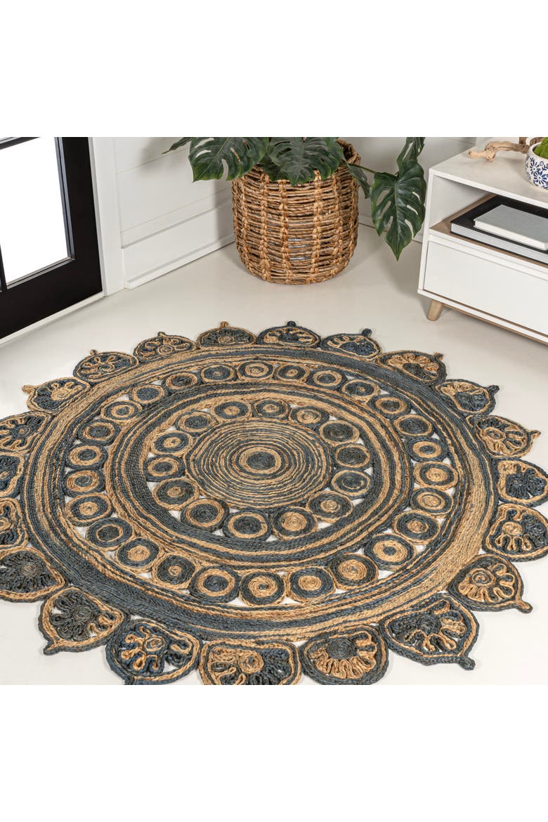 Flora Medallion Contemporary Bohemian Round Jute Round Area Rug, Alternate, color, Blue/Natural