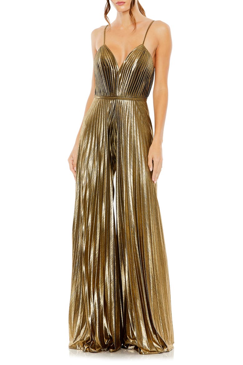 Women's Metallic Pleated Wide-Leg V-Neck Jumpsuit, Main, color, ANTIQUE GOLD