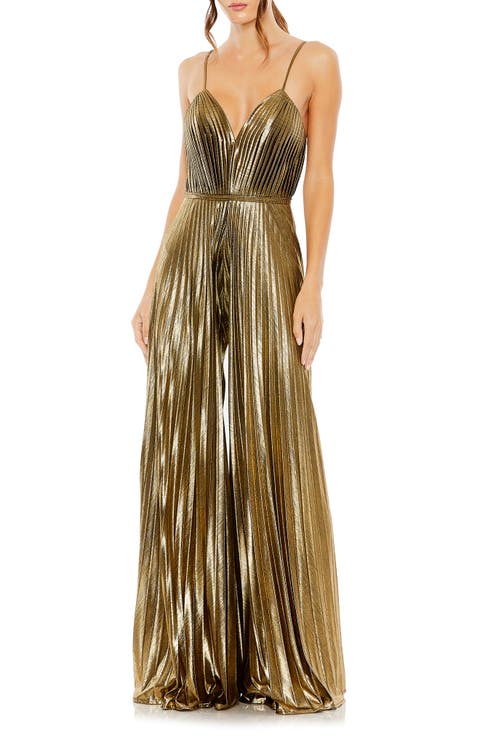 Women's Metallic Pleated Wide-Leg V-Neck Jumpsuit