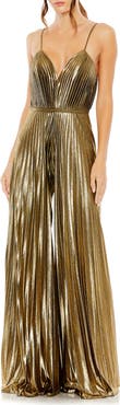 Ieena for Mac Duggal Women's Metallic Pleated Wide-Leg V-Neck Jumpsuit