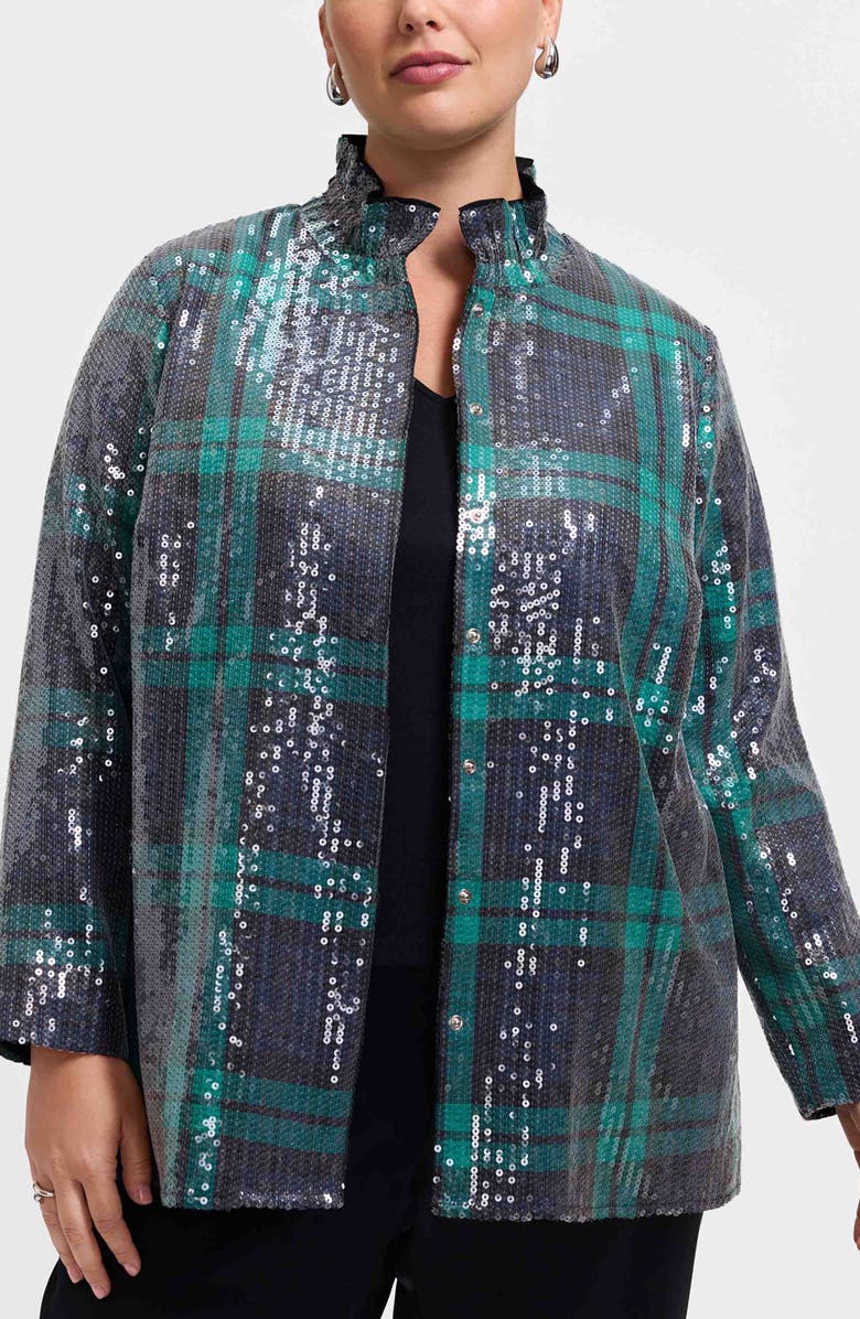 Foxcroft Carolina Sequin Plaid Cotton Blend Button-Up Shirt, Alternate, color, Navy Blue/ Multi