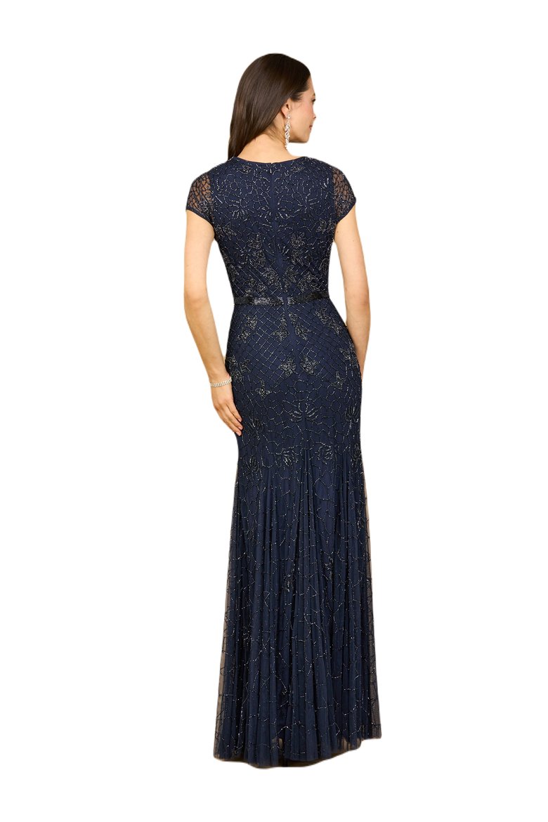 Beaded Mermaid Cap Sleeve Gown, Alternate, color, Navy