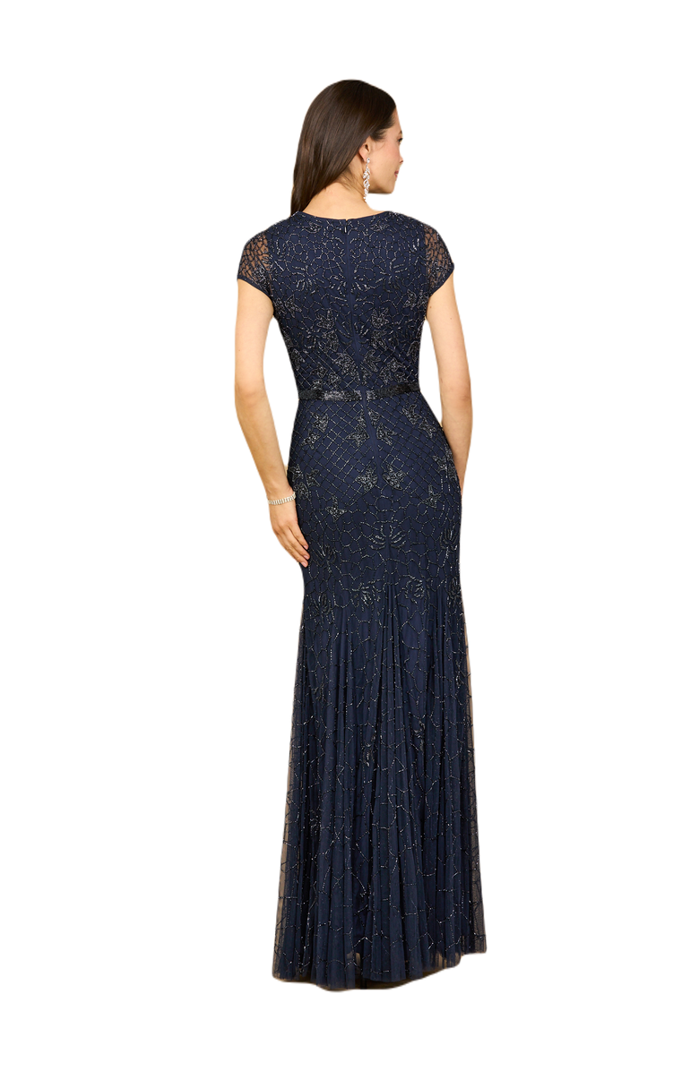 LARA New York Beaded Mermaid Cap Sleeve Gown, Alternate, color, Navy