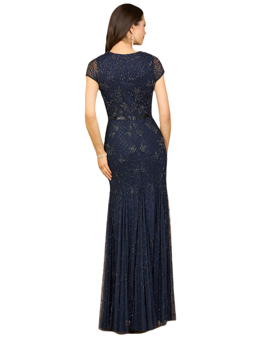 Lara New York Beaded Mermaid Cap Sleeve Gown In Blue