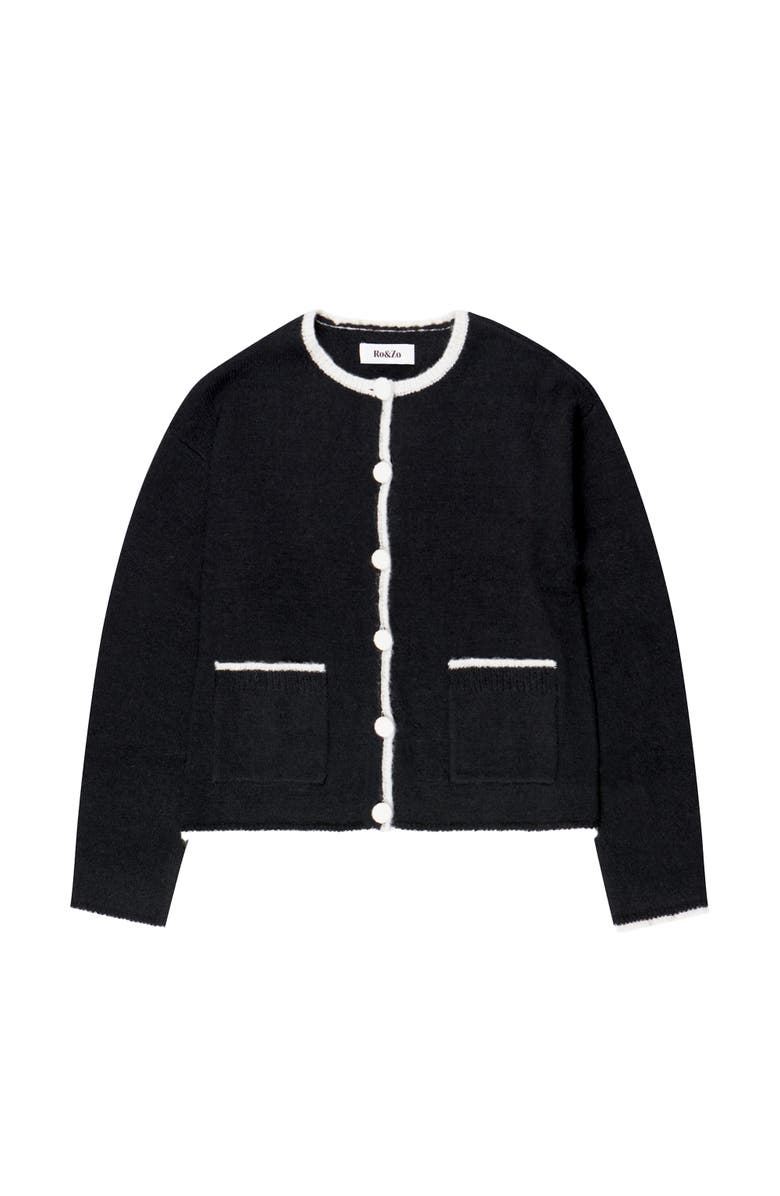 Ro&Zo Long Sleeve Crew Neck Contrast Cardigan, Alternate, color, Black