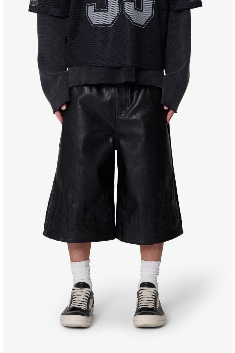 Ultra Baggy Flame Appliqué Faux Leather Shorts, Main, color, BLACK