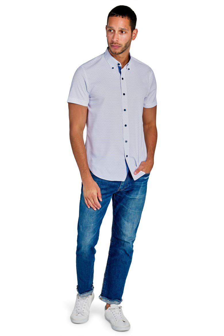 Slim Fit Microdot Short Sleeve 4-Way Stretch Performance Button-Down Shirt, Alternate, color, WHITE