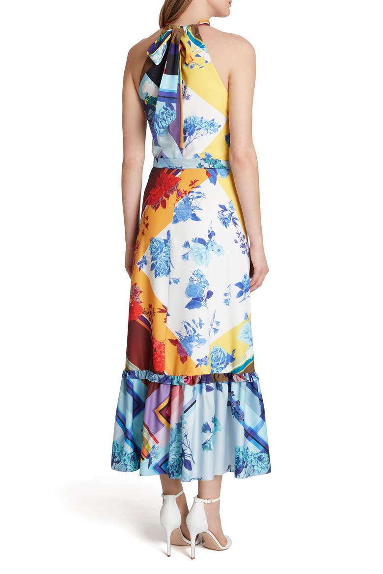 Print Halter Tie Waist Maxi Dress, Alternate, color, YELLOW BLUE SCARF