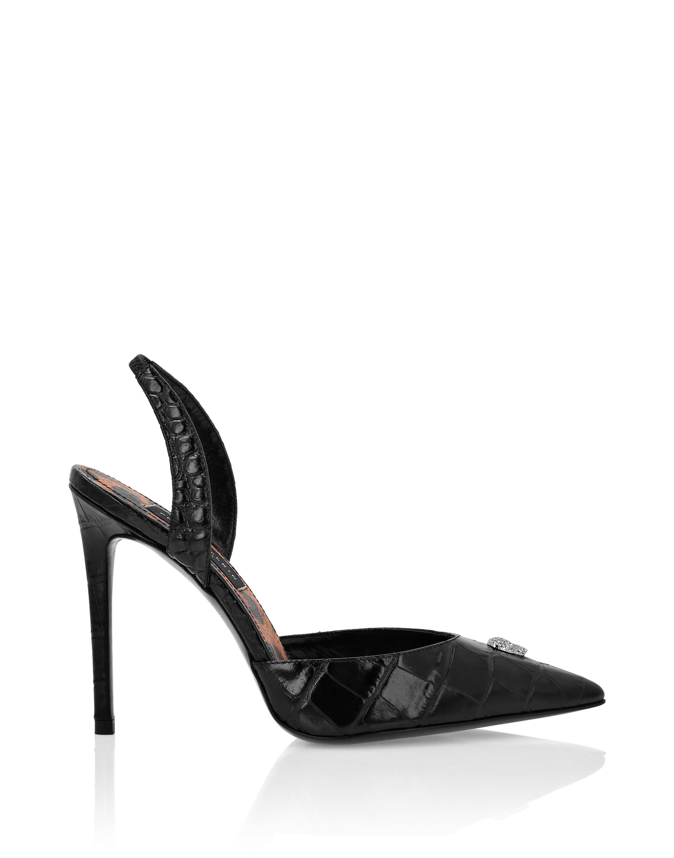 Croco Printed Leather Slingback Shoes Women, Alternate, color, black