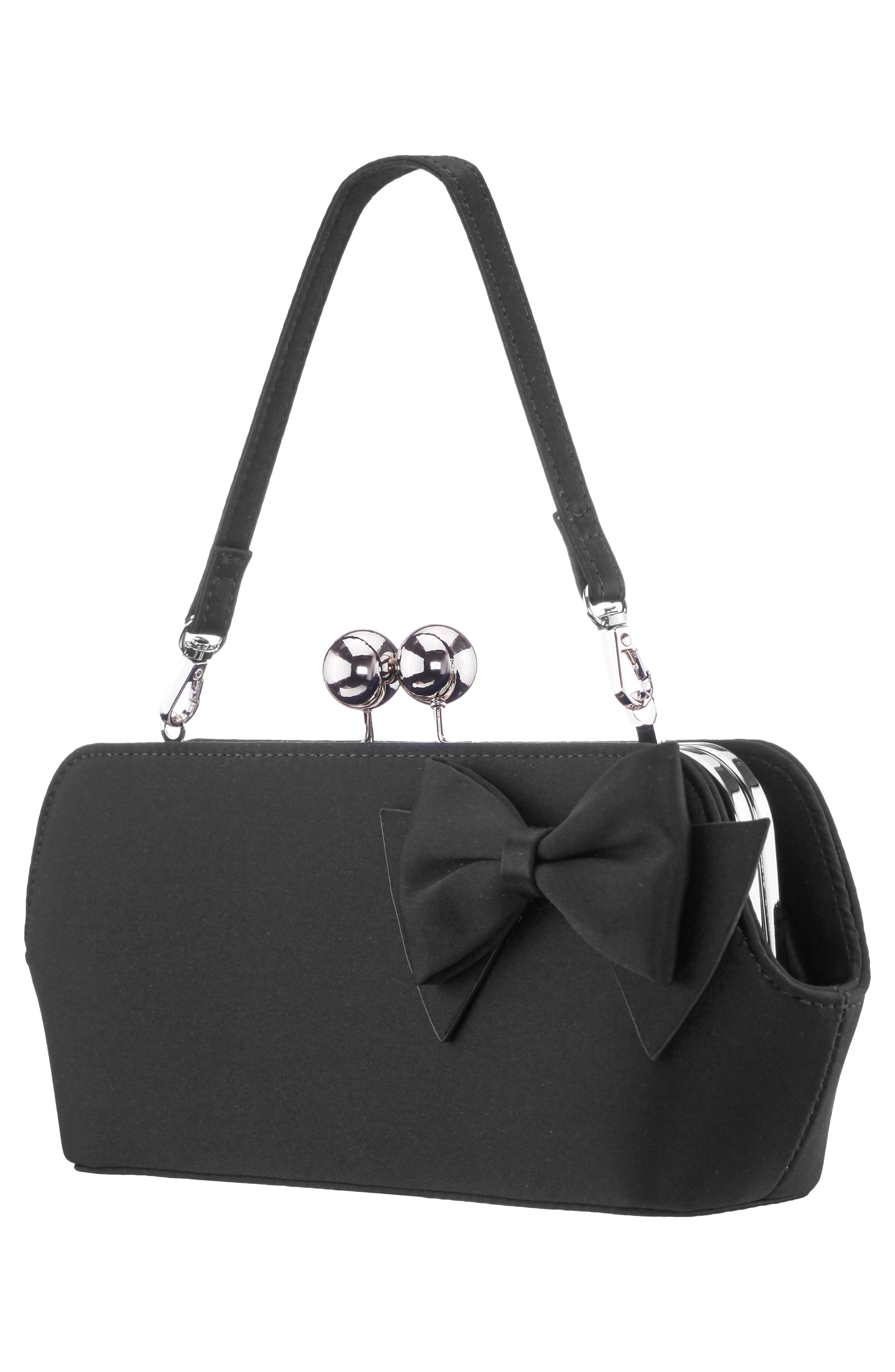 Kenji Bow Satin Clutch, Alternate, color, BLACK